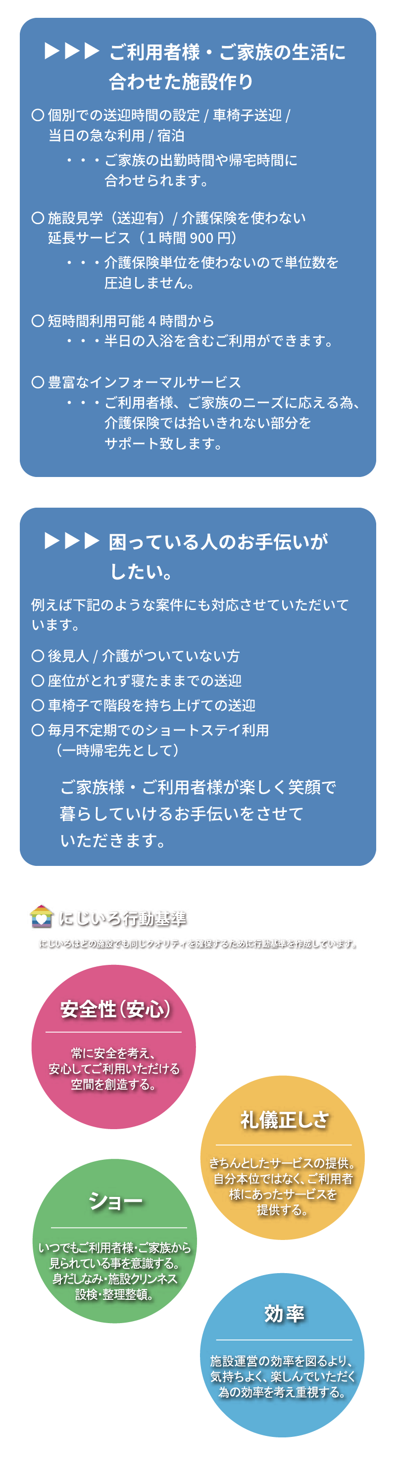 デイサービスにじいろ｜ご利用案内 ご利用者様・ご家族の生活に合わせた施設作り